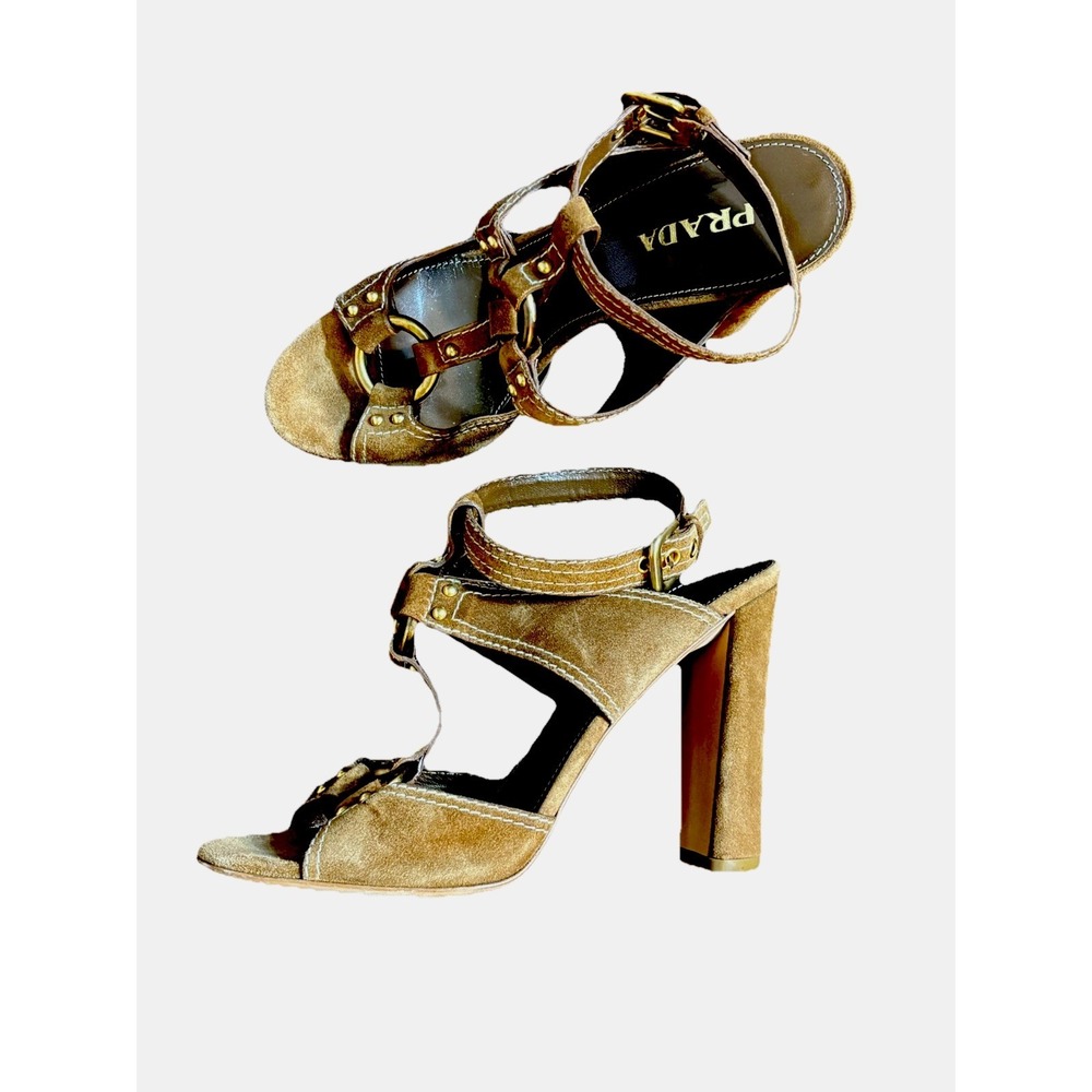 Prada Heels Sandals Tan Suede Size 39 Metal Buckles Authentic Prada Shoes